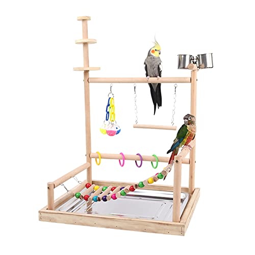 Vogelstange Papageien Spielplatz Nymphensittich Spielstand Spielzeug mit Leiter Kauspielzeug Füttertassen Übung und Spielen für Vögel Vogelspielplatz Naturholz Sitzstange mit Schalen Groß Für Sittiche von Navna