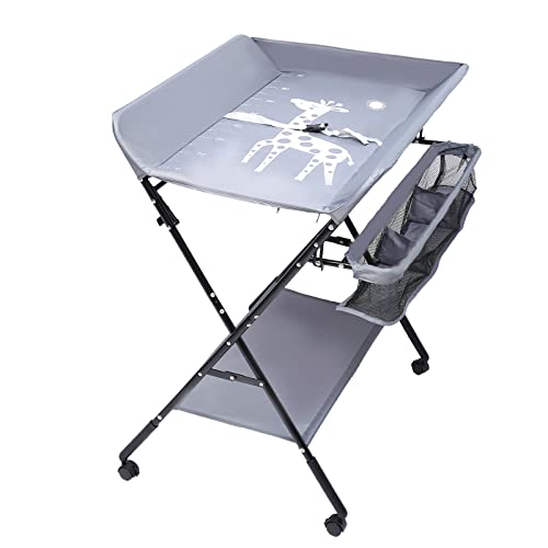 Baby Wickeltisch, Klappbar Wickelkombination, Kinder Wickelkommode, Wickelregal, Mobiler Wickeltisch Mit Rollen Und Wickelauflage, Wasserdicht Und Höhenverstellbar, 96 CM Für Lendenwirbelschutz von Naxidf