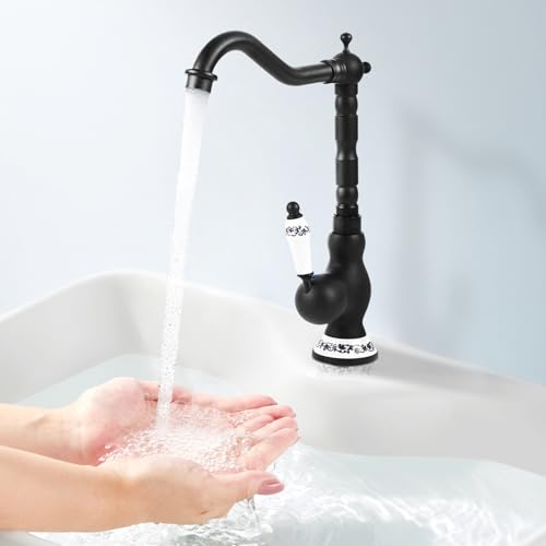 Waschbeckenarmatur, schwarz, Waschbeckenarmatur, hoch, um 360 Grad drehbar, Wasserhahn aus Messing, Retro, Waschtischarmatur, kaltes und warmes Wasser, für Spüle, Küche oder Waschbecken Waschbeckenarmatur, schwarz, Waschbeckenarmatur, hoch, um 360 Grad drehbar, Wasserhahn aus Messing, Retro, Waschtischarmatur, kaltes und warmes Wasser, für Spüle, Küche oder Waschbecken von Naxidf