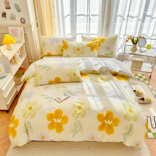 Nayoroom Bettwäsche 135x200 4teilig Gelb Gold Blumen Blüten Blätter Punkte Wende Bettwäsche Set Microfaser 4tlg, 2 Cute Blumenmuster Bettbezug und 2 Kissenbezug 80x80 cm mit Reißverschluss von Nayoroom