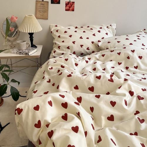 Nayoroom Bettwäsche 135x200 4teilig Herzen Rot Weiß Bettbezug 2er Set Aesthetic Microfaser Roten Herzchen Bettwäsche Set und 2 x Kissenbezug 80x80 cm mit Reißverschluss von Nayoroom