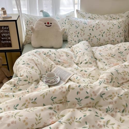 Nayoroom Bettwäsche 135x200 4teilig Weiß Grün Blätter Blumen Muster Bettwäsche-Sets mit Reißverschluss Microfaser Botanisch Wende 2er Bettbezug 135 x 200 und 2 Kissenbezug 80x80 cm von Nayoroom
