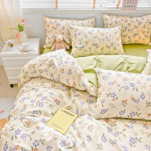 Nayoroom Bettwäsche 135x200 Baumwolle 4teilig Lila Blümchen Clean Girl Blumen Bettbezug Set Aesthetic Violett Floral Botanisch Mädchen Baumwoll Wendebettwäsche und 2 Kissenbezüge 80x80 Reißverschluss von Nayoroom