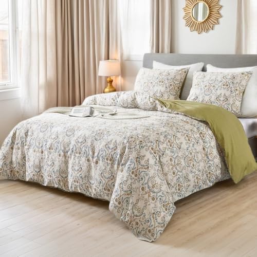 Nayoroom Bettwäsche 135x200 Baumwolle Boho Style Beige Grün Blumen Vintage Paisley Muster Bettbezug Set 2teilig Mandala Bohemian Pflanzenmuster Wendebettwäsche und Kissenbezug 80x80 cm Reißverschluss von Nayoroom