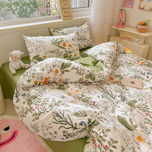 Nayoroom Bettwäsche 135x200 Baumwolle Grün Weiß Blumen Blätter Botanisch Muster Wendebettwäsche Set Bunt Floral Pflanzen Aesthetic Bettbezug und 1 Kissenbezug 80x80 cm mit Reißverschluss von Nayoroom