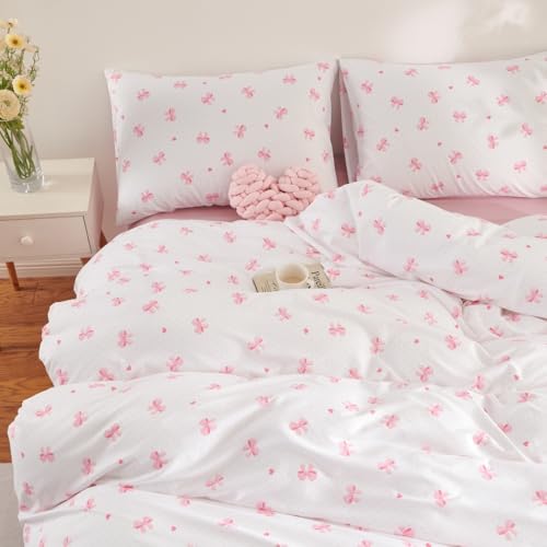 Nayoroom Bettwäsche 135x200 Baumwolle Rosa Herzen Schleifen Weiß Bettbezug Set 2teilig Pink Kawaii Style Aesthetic Cute Mädchen Bettwäsche-Sets und Kissenbezug 80x80 cm mit Reißverschluss von Nayoroom