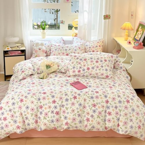Nayoroom Bettwäsche 135x200 Blumen Weiß mit Rosa Blau Blümchen Pflanzen Bettwäsche Set Gewaschene Microfaser Aesthetic Bunt Geblümt Bettbezug und Kissenbezug 80x80 mit Reißverschluss von Nayoroom