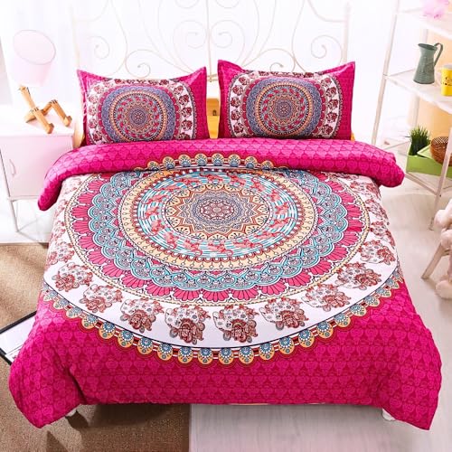 Nayoroom Bettwäsche 135x200 Boho Rosa Mandala Blumen Muster Bohemian Bettbezug 2 Teilig Rot Vintage Blümchen Aesthetic Renforce Microfaser Wendebettwäsche mit Reißverschluss und 1 Kissenbezug 80x80 cm von Nayoroom