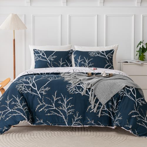Nayoroom Bettwäsche 135x200 Dunkelblau Weiß mit Zweige Äste Wende Bettwäsche Set Microfaser Aesthetic Pflanzen Muster Bettbezug und Kissenbezug 80x80 mit Reißverschluss von Nayoroom