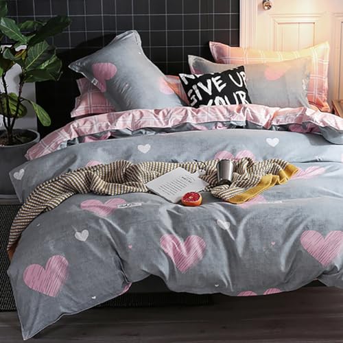 Nayoroom Bettwäsche 135x200 Grau mit Rosa Herzen Bettbezug Weiche Microfaser Herzmotiv Karierte Rosa Grau Wendebettwäsche Set und Kissenbezug 80x80 cm Reißverschluss von Nayoroom