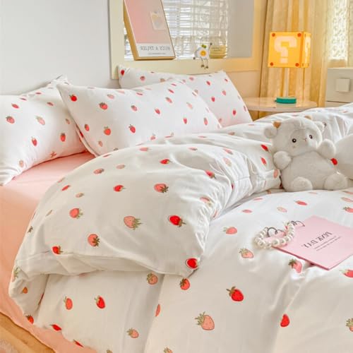 Nayoroom Bettwäsche 135x200 Weiß mit Rot Erdbeer Muster Bettbezug 2teilig Mädchen Erdbeere Gestreift Aesthetic Cute Renforce Mikrofaser Bettwäsche-Sets mit Reißverschluss und 1 Kissenbezug 80x80 von Nayoroom