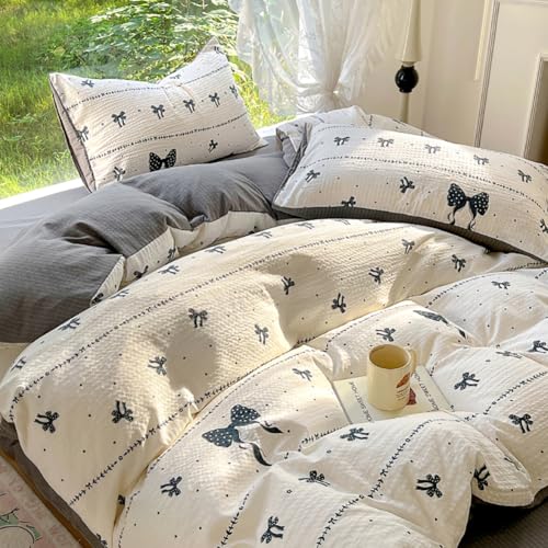 Nayoroom Bettwäsche 135x200 Weiß mit Schwarzen Schleifen Blumen Bettwäsche-Sets ÖKO-TEX Premium Microfaser Schleifenmuster Wende Bettbezug mit Reißverschluss und Kissenbezug 80x80 cm von Nayoroom