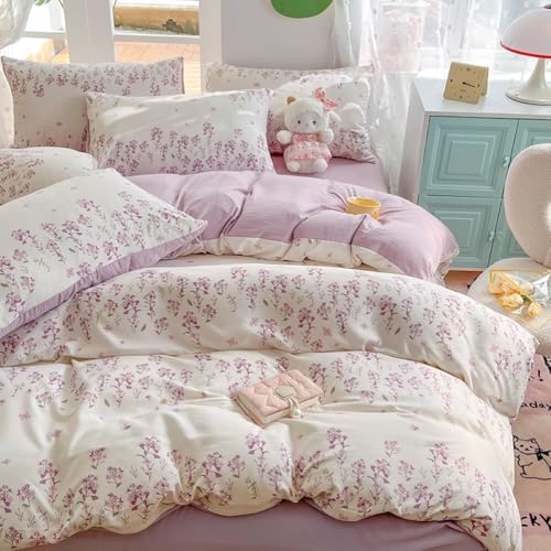 Nayoroom Bettwäsche 140x200 Blumen Lila Violett Weiß Blümchen Wende Bettwäsche Set Microfaser 2teilig, Romantisch Aesthetic Pflanzen Bettbezug und 1 Kissenbezug 70x90 cm mit Reißverschluss von Nayoroom