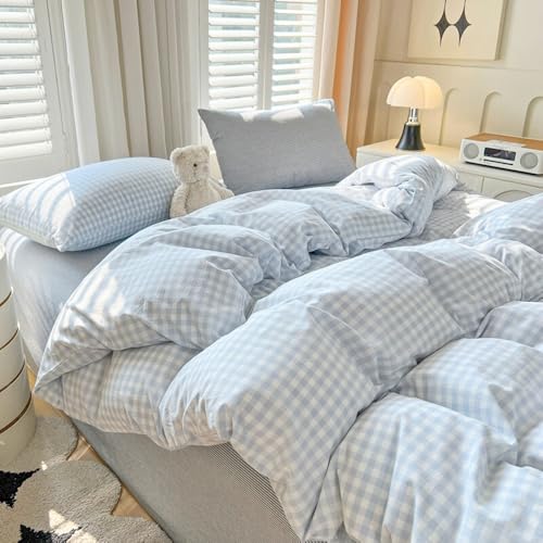 Nayoroom Bettwäsche 155x220 Blau Weiß Kariert Landhausstil Style Bettbezug 2er Karo Geometrische Muster Gewaschene Mikrofaser Renforce Bettwäsche-Sets mit Reißverschluss und 1 Kissenbezug 80x80 cm von Nayoroom