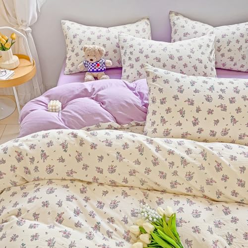 Nayoroom Bettwäsche 155x220 Lila Blumen Violett Landhausstil Style Bettbezug 2teilig Romantisch Aesthetic Cute Gewaschene Mikrofaser Renforce Bettwäsche-Sets mit Reißverschluss und Kissenbezug 80x80 von Nayoroom