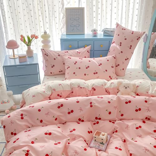 Nayoroom Bettwäsche 155x220 Mädchen Rosa mit Rot Kirschen Schleifen Muster Aesthetic Wendebettwäsche Set Kinder Kirsche Schleifenmuster Microfaser Bettbezug Reißverschluss und Kissenbezug 80x80cm von Nayoroom