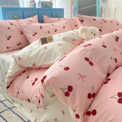 Nayoroom Bettwäsche 155x220 Rosa Rot Kirschen Schleifen Bettbezug Set 2teilig Beige Kawaii Schleife Kuschelig Aesthetic Cute Schleifenmuster Microfaser Bettbezug und Kissenbezug 80x80 Reißverschluss von Nayoroom