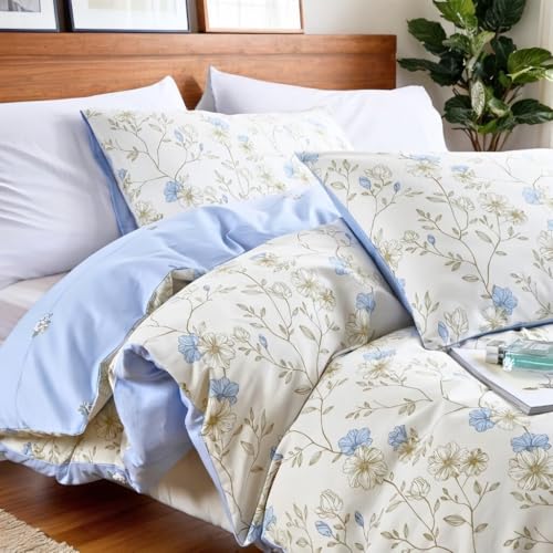 Nayoroom Bettwäsche 200x200 Baumwolle 3teilig Blumen Weiß mit Blau Blümchen Aesthetic Cute Bettbezug Blumenmuster Pflanzen Blumenwiese Deckenbezug mit Reißverschluss und 2 Geblümt Kissenbezüge 80x80 von Nayoroom