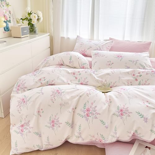 Nayoroom Bettwäsche 200x200 Baumwolle Weiß mit Blumen Bettbezug Geblümt Karomuster Weiß Rosa Wendebettwäsche Set mit 2 Kissenbezug 80x80 cm und Reißverschluss von Nayoroom