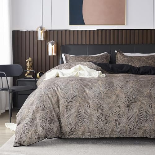 Nayoroom Bettwäsche 200x200 Braun Vintage Blätter Muster Bettbezug mit 2 x Kissenbezug 80x80 cm Microfaser Palmenblätter Schwarz Braun Wendebettwäsche Set Reißverschluss von Nayoroom