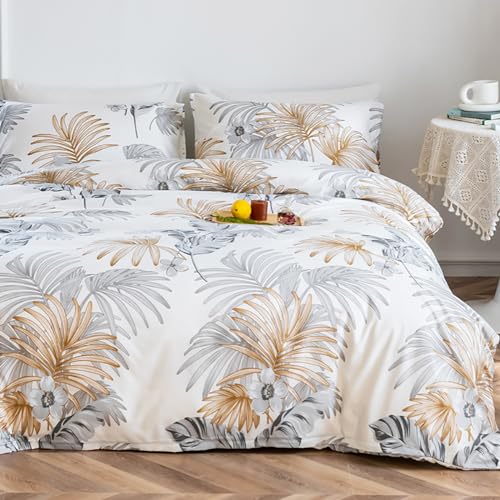 Nayoroom Bettwäsche 200x200 Weiß Grau Gold Blätter Blumen Muster Bettbezug 3 Teilig Microfaser Tropische Palmenblätter Doppelbett Bettwäsche Set mit 2 x Kissenbezüge 80x80 cm von Nayoroom