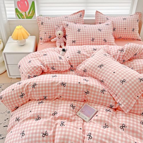 Nayoroom Bettwäsche 200x220 Rosa Kariet mit Schwarz Herzen Schleifen Bettbezug Set 3teilig Aesthetic Cute Renforce Mikrofaser Doppelbett Modern Bettwäsche-Sets und 2 Kissenbezüge 80x80 Reißverschluss von Nayoroom