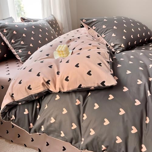 Nayoroom Bettwäsche 200x220 Rosa Schwarz Herzen Bettbezug Set 3teilig Pink Herz Muster Aesthetic Cute Herzchen Renforce Microfaser Doppelbett Deckenbezug mit Reißverschluss und 2 Kissenbezüge 80x80 cm von Nayoroom
