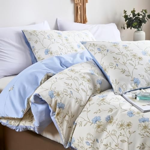 Nayoroom Bettwäsche 220x240 Baumwolle Blau Blumen Bettbezug Set 3 Teilig Weiß Hellblau Botanisch Muster Blumenwiese Pflanzenmuster Blümchen Deckenbezug mit Reißverschluss und 2 Kissenbezüge 80x80 cm von Nayoroom