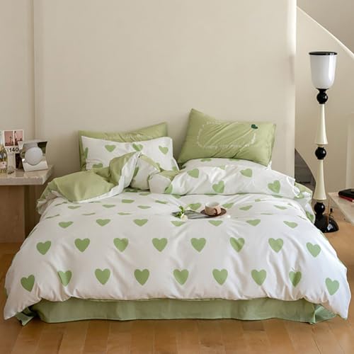 Nayoroom Bettwäsche 220x240 mit Herz Grün Weiß Aesthetic Bettbezug Set Microfaser Weiß mit Herzen Bettwäsche und 2 x Kissenbezüge 80x80 cm Reißverschluss von Nayoroom