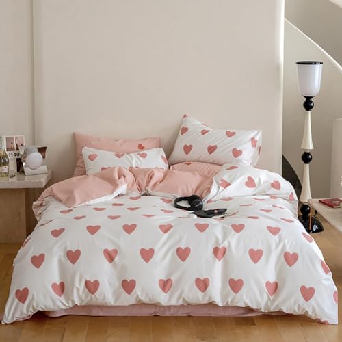 Nayoroom Bettwäsche 220x240 mit Herz Rosa Weiß Aesthetic Bettbezug Set Microfaser Weiß mit Rosa Herzen Bettwäsche und 2 x Kissenbezüge 80x80 cm Reißverschluss von Nayoroom