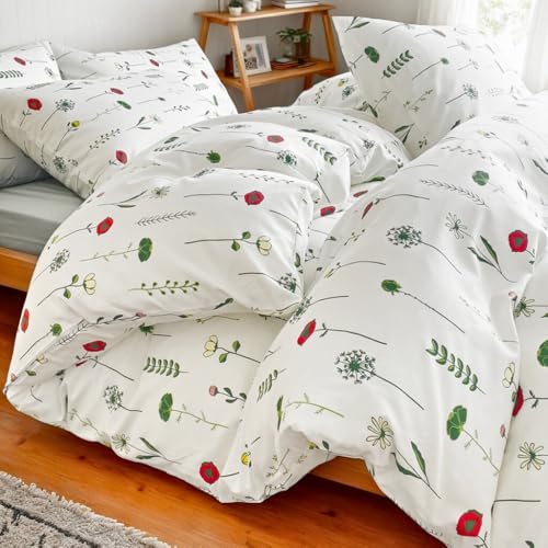 Nayoroom Bettwäsche Baumwolle 135x200 4teilig Blumen Weiß mit Grün Blätter Roten Blumen Muster Bettbezug Set Aesthetic Pflanzen Botanisch Wendebettwäsche Reißverschluss und 2 Kissenbezüge 80x80 cm von Nayoroom