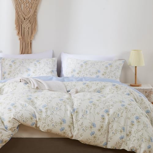 Nayoroom Bettwäsche Baumwolle 135x200 4teilig Weiß Blau Blumen Blätter Pflanzen Muster Wendebettwäsche 2 Hellblau Blümchen Bettbezüge und 2 Kissenbezüge 80x80 mit Reißverschluss von Nayoroom