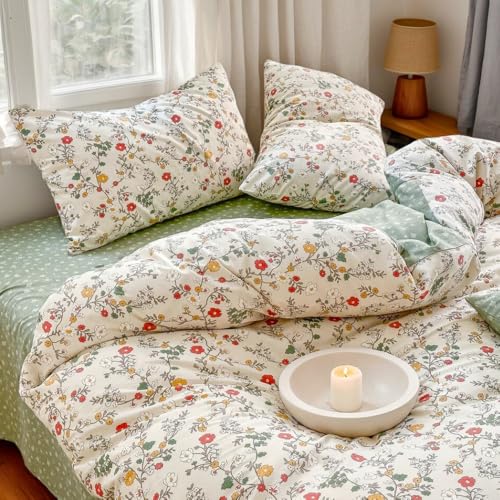 Nayoroom Baumwoll Bettwäsche 135x200 Baumwolle Grün Beige Blumen Blätter Bettbezug 2er Set Bunt Aesthetic Pflanzen Vintage Floral Mädchen Wendebettwäsche mit Reißverschluss und 1 Kissenbezug 40x80 cm von Nayoroom