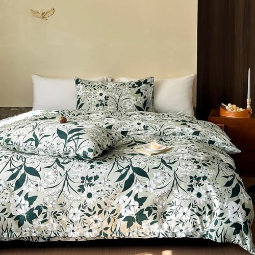 Nayoroom Bettwäsche Baumwolle 135x200 Grün Pflanzenmuster und Weiß Blumen Bettbezug Weich Atmungsaktiv Cotton Deckenbezug mit Reißverschluss und 1 Kissenbezug 80x80 cm von Nayoroom