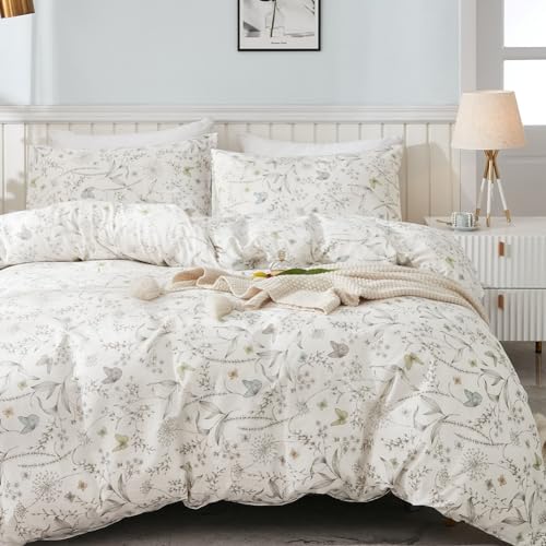 Nayoroom Bettwäsche Baumwolle 155x220 Weiß Grau Blumen Blatt mit Bunt Schmetterling 2teilig Bettbezug Set Dezent Elegant Deckbettbezug mit Reißverschluss und Kissenbezüge 80x80 von Nayoroom