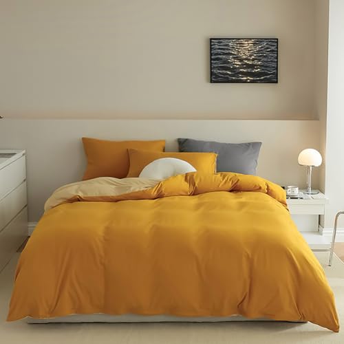Nayoroom Bettwäsche Baumwolle 200x200 Gelb Gold Beige Uni Wende Bettwäsche Set 3teilig Weich Kuschelig Unifarben Bettbezug mit Reißverschluss und 2 Kissenbezüge 80x80 cm für Doppelbett von Nayoroom
