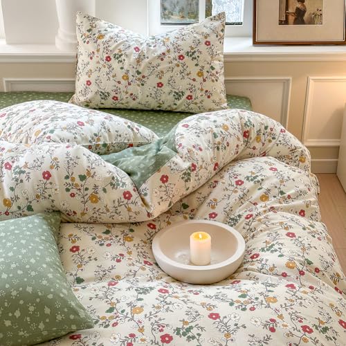 Nayoroom Bettwäsche Baumwolle 220x240 Grün Beige Blumen Laub Pflanzenmuster 3teilig Wende Bettwäsche Set Bunt Geblümt Bettbezug und 2 Kissenbezüge 80x80 mit Reißverschluss von Nayoroom
