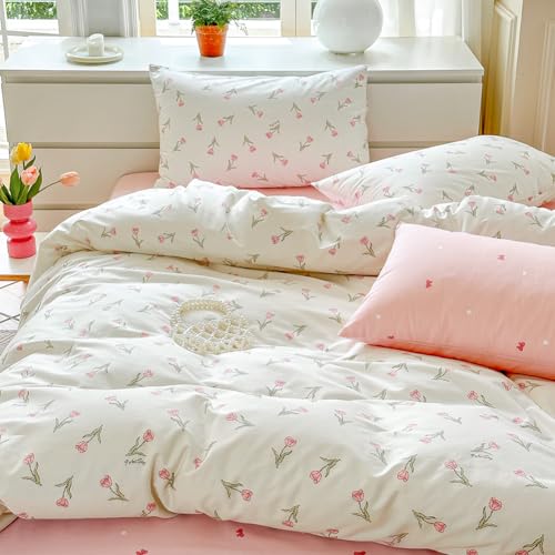 Nayoroom Bettwäsche Baumwolle 220x240 Weiß Rosa Blumen Tulpen Muster 3teilig Wendebettwäsche Set Romantisch Geblümt Bettbezug mit Reißverschluss und 2 Kissenbezüge 80x80 cm von Nayoroom