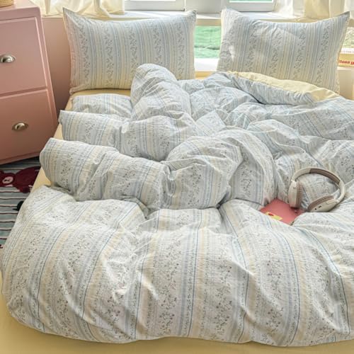 Nayoroom Bettwäsche Blumen 155x220 Blau Weiß Gestreift Renforcé Microfaser Bettwäsche-Sets Blumenmuster Wende Bettbezug mit Reißverschluss und Kissenbezug 80x80 cm von Nayoroom