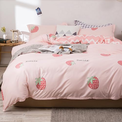 Nayoroom Bettwäsche Erdbeeren 155x220 Rosa Kawaii Style Bettbezug und Kissenbezug 80x80 cm Pink Weiß Gestreift Wende Bettwäsche Set mit Reißverschluss von Nayoroom