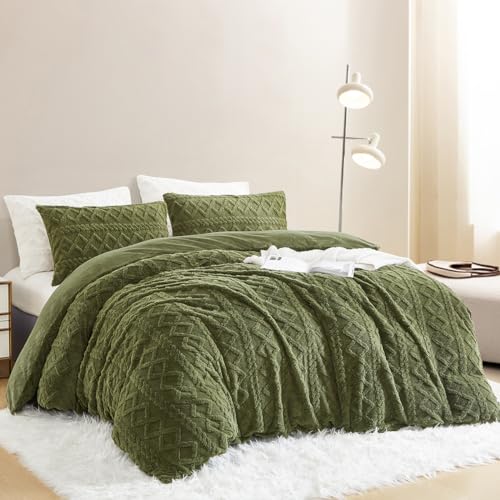 Nayoroom Bettwäsche Flanell 135x200 Winter Warme Biber Bettbezug Flauschig Fleece Cashmere Touch Plüsch Winterbettwäsche Set mit Reißverschluss - 135 x 200 + 80 x 80 cm Olivgrün von Nayoroom