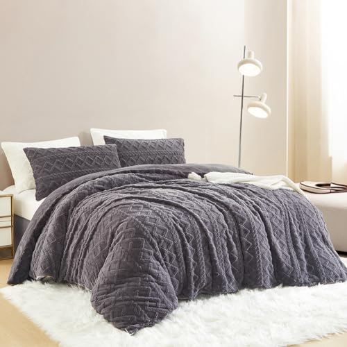 Nayoroom Bettwäsche Flanell 155x220 Winter Warme Biber Bettbezug Flauschig Fleece Cashmere Touch Plüsch Winterbettwäsche Set mit Reißverschluss - 155 x 220 + 80 x 80 cm Grau von Nayoroom