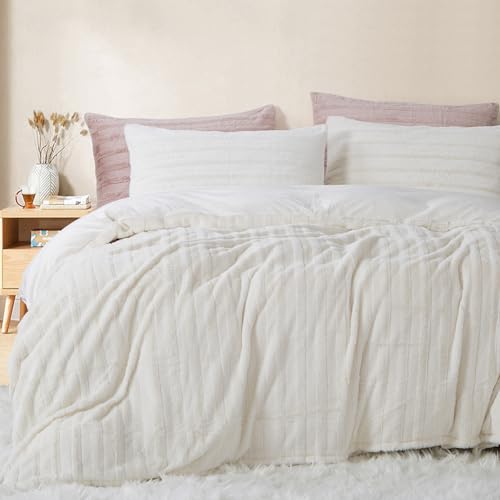 Nayoroom Plüsch Bettwäsche 135x200 Creme Weiß Winter Warme Flauschig Fleece Bettbezug und Kissenbezug 80x80 cm Oeko-Tex Zertifiziert Super Weich Biber Bettwäsche-Sets Reißverschluss von Nayoroom