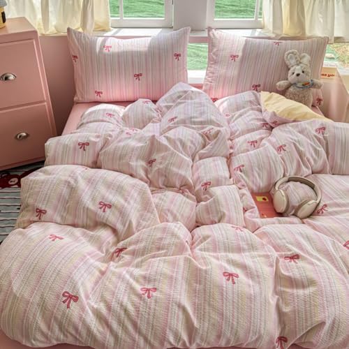 Nayoroom Bettwäsche Schleifen 135x200 4teilig Bunt Gestreift Mädchen Wende Bettbezug Renforcé Microfaser Rot Schleifenmuster Bettwäsche-Sets mit Reißverschluss und 2 Kissenbezug 80x80 cm von Nayoroom