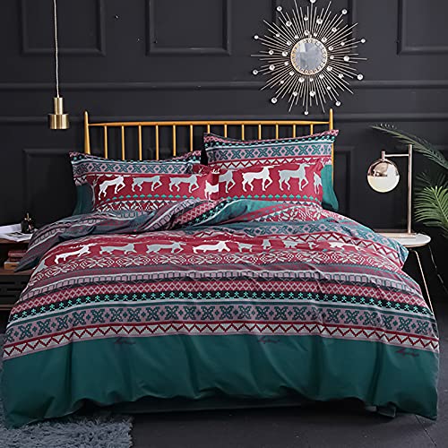 Nayoroom Bettwäsche Weihnachten 140x200 Dunkelgrün Rot Rentiere Schneeflocken Bettbezug mit Reißverschluss 2 Teilig Super Weich Microfaser Weihnachtsbettwäsche Set und Kissenbezug 70x90 cm von Nayoroom