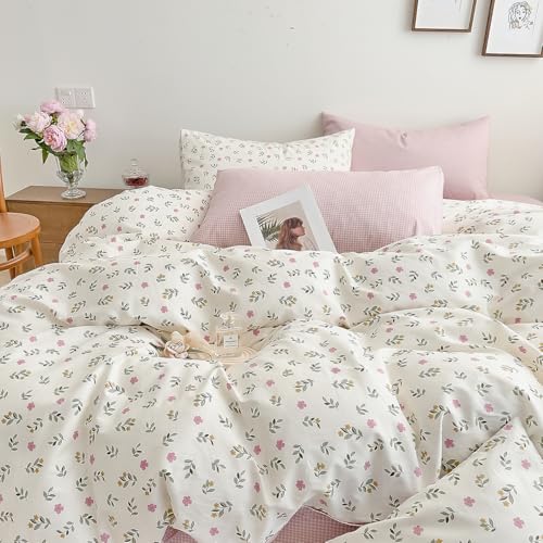 Nayoroom Blumen Bettwäsche 200x200 Baumwolle Weiß mit Rosa Blümchen Bettwäsche-Set mit 2 kissenbezüge 80x80 cm Aesthetic Bunt Blumenmuster Bettbezug mit Reißverschluss von Nayoroom