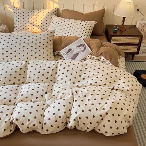 Nayoroom Herz Bettwäsche 200x200 Weiß mit Braun Herzen Muster Aesthetic Microfaser Bettbezug Set Kleinen Herzchen Herzmuster Doppelbett Deckenbezug mit Reißverschluss und 2 Kissenbezug 80x80cm von Nayoroom