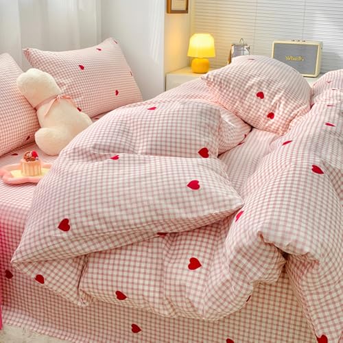 Nayoroom Herzchen Bettwäsche 135x200 Rosa Weiß Kariert mit Roten Herzen Weiche Mikrofaser Bettbezug Set 2er Set Karo Herz Muster Aesthetic Bettwäsche-Sets mit Reißverschluss und Kissenbezug 40x80 cm von Nayoroom