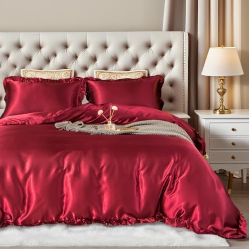Nayoroom Satin Bettwäsche 140x200 Rot Mako Luxus Seidentuch Rüschen Bettwäsche Set 2 Teilig Bordeauxrot Sommer Bettbezug Barock Stil kühlend Seidenbettwäsche Reißverschluss und Seidenkissenbezug 70x90 Nayoroom Satin Bettwäsche 140x200 Rot Mako Luxus Seidentuch Rüschen Bettwäsche Set 2 Teilig Bordeauxrot Sommer Bettbezug Barock Stil kühlend Seidenbettwäsche Reißverschluss und Seidenkissenbezug 70x90 von Nayoroom