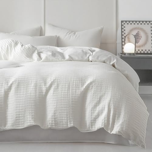 Nayoroom Seersucker Bettwäsche 200x220 Weiß Gestreift Muster Musselin Aesthetic Bettwäsche Set 3teilig Weiss Renforce Microfaser Welligkeit Bettbezug und 2 Kissenbezüge 80x80 mit Reißverschluss von Nayoroom